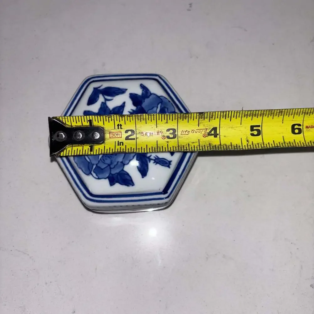 Vintage Blue and White Porcelain Hexagonal Chinoiserie Floral Trinket Box